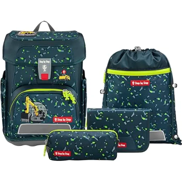 Step by Step Schulranzen-Set Cloud „Bagger Rocco“, 5-teilig, grau, ergonomischer Tornister mit Reflektoren, höhenverstellbar, 19L für Jungen ab der 1. Klasse