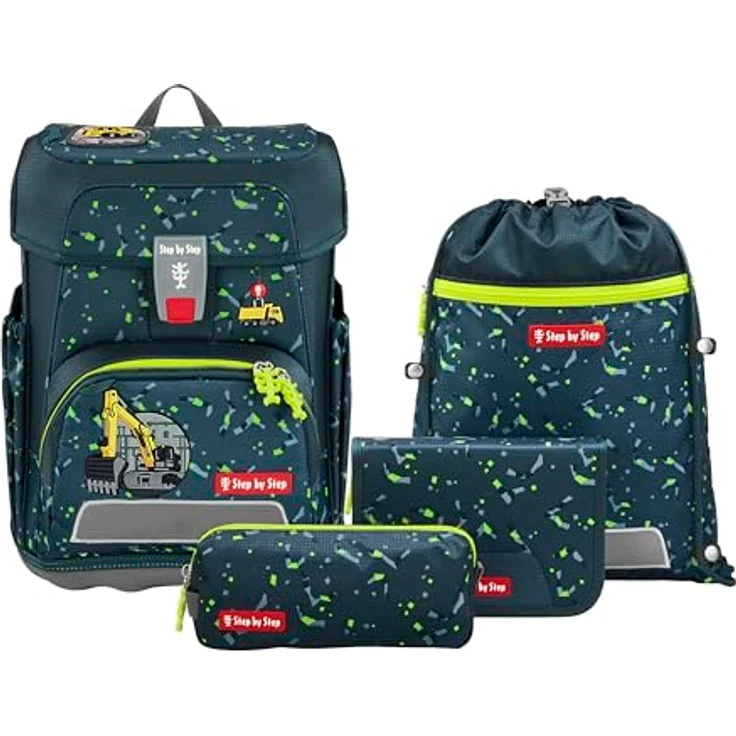 Step by Step Schulranzen-Set Cloud „Bagger Rocco“, 5-teilig, grau, ergonomischer Tornister mit Reflektoren, höhenverstellbar, 19L für Jungen ab der 1. Klasse – Bild 1