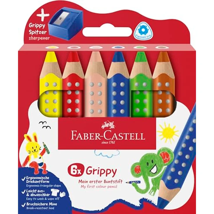 Faber-Castell Buntstift FABER-CASTELL 110635 - Buntstifte Set Grippy, 6 Jumbo Malstifte mit Spitzer für Kleinkinder, bruchsichere XXL-Mine, ergonomische Dreikantform – Bild 1