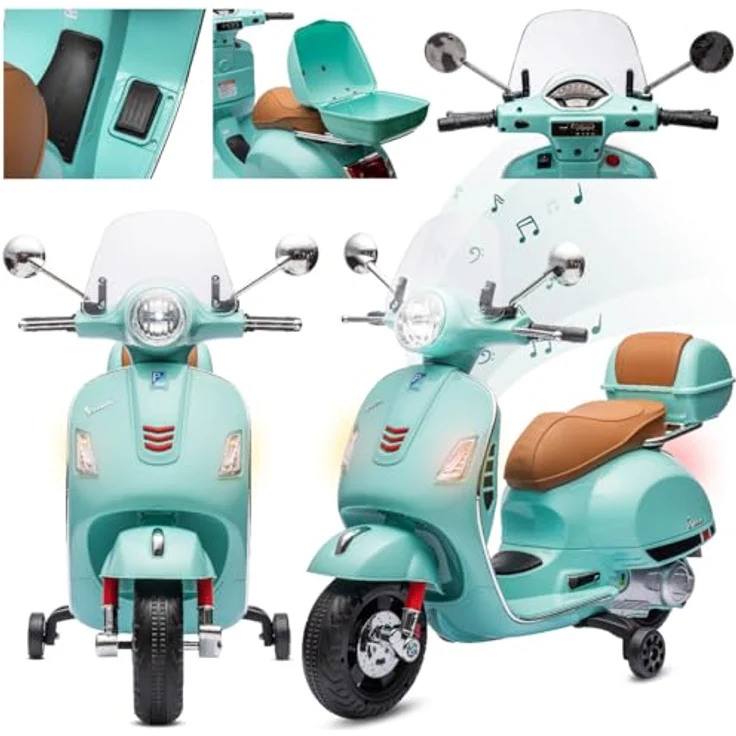 sun baby Vespa Elektro Kindermotorrad ab 3 Jahren, mit MP3-Player, Kunststoffräder, Kofferraum (Turkis) – Bild 1