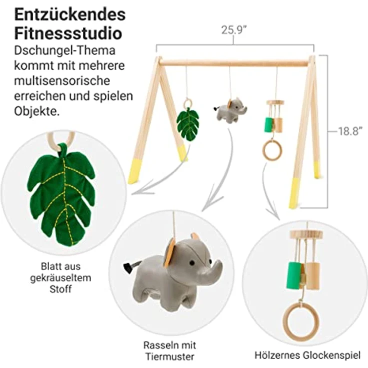 Little Big Friends Jungle Spielbogen aus Holz mit 3 hängenden Spielzeugen für Babys, Montessori-Spielzeug, 2 Designs - Farm & Dschungel – Bild 4