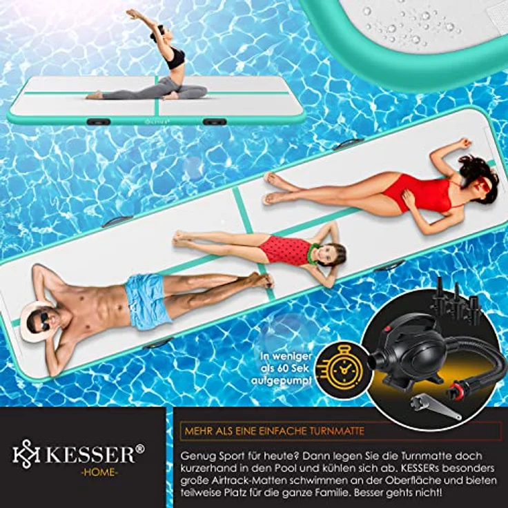 KESSER® Turnmatte Aufblasbar Airtrack Fitness-Matte Gymnastikmatte 3/4/5/6m | inkl. Tragetasche & elektr. Luftpumpe | Yogamatte, Tumbling Matten , Trainingsmatte Sportmatte Yoga, Turn- & Fitness 400 x 100 x 10 cm, Mint Grün – Bild 6