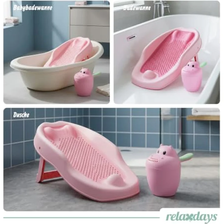 Relaxdays Baby-Badehilfe Set, tränenfreies Haarewaschen mit rutschfester Badestütze, rosa – Bild 5