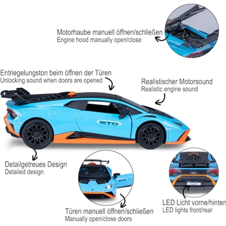 JAMARA 402616 Lamborghini Huracán STO Diecast 1:32, Modellauto mit LED-Licht, manuell öffnenden Türen und Rückzugmotor, Geschenkidee für Kinder – Bild 4