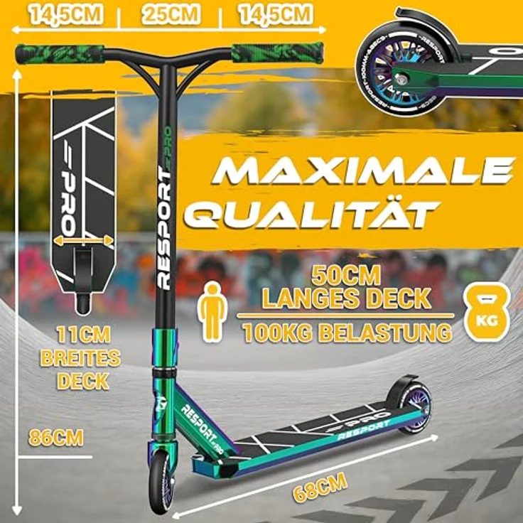 RE:SPORT REVO PRO Stunt Scooter für Kinder & Erwachsene, inkl. Ständer, 110mm PU Räder, ABEC 9 Kugellager, Y-Bar, rutschfestes Deck, leichtgewicht 3,6 kg – Bild 7