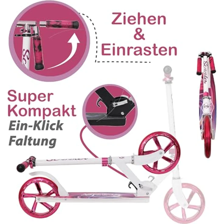 Europebazar Habib Cityroller mit XXL Glanz-Rädern, klappbar, höhenverstellbar bis 100kg, pink – Bild 4