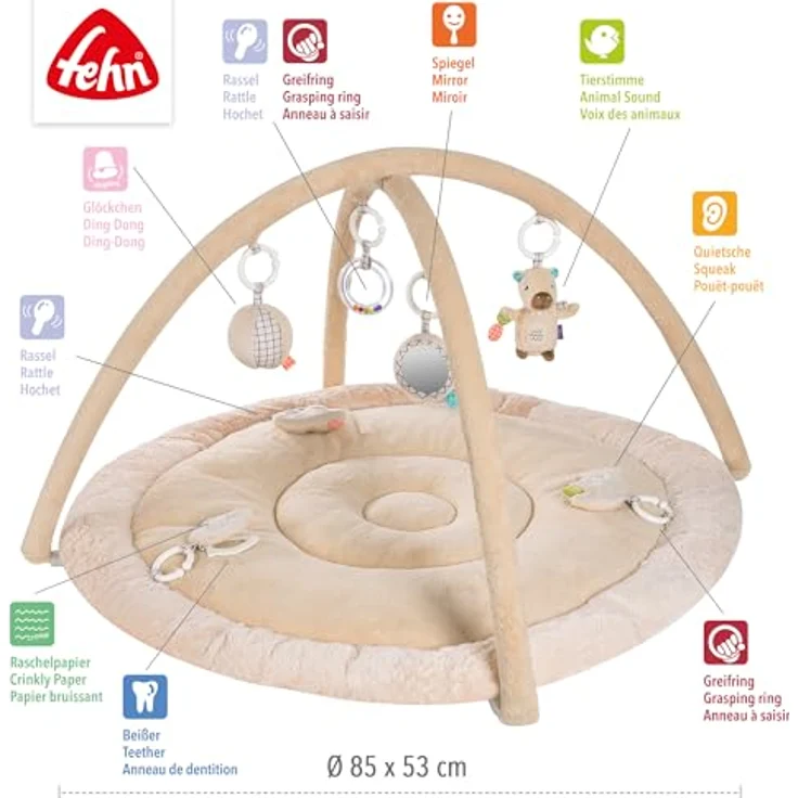 Fehn 3-D-Activity-Decke Capybara Clara, mit 7 abnehmbaren Spielzeugen zur Förderung von Greifen, Sehen und Hören, Ø 85 cm, maschinenwaschbar – Bild 4