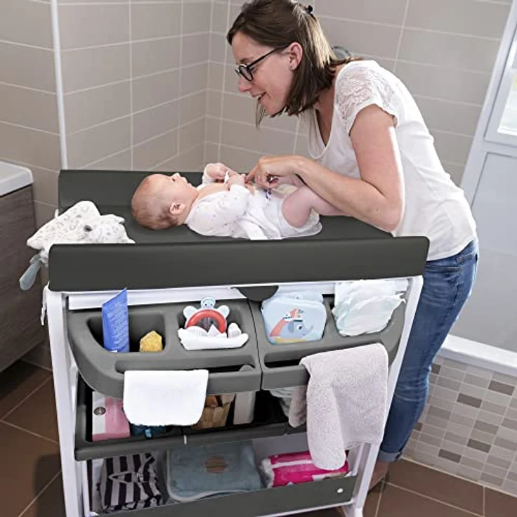 bebeconfort Dolphy 2-in-1 Badewanne & Wickeltisch mit Staufächer, Handtuchhalter und integrierten Rädern - Gray Mist – Bild 7