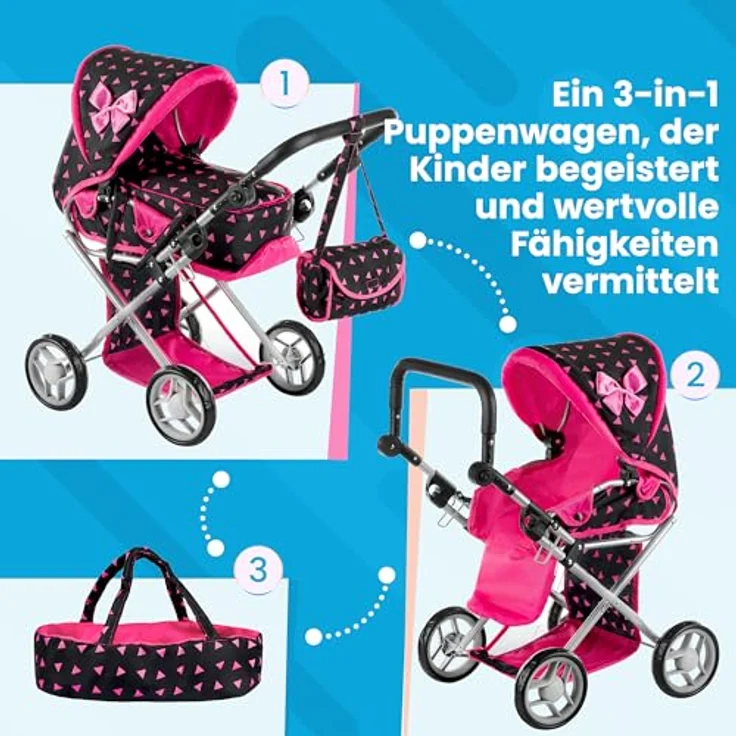 Kinderplay Puppenwagen ab 1 2 3 Jahre Kinderwagen Spielzeug - Kombi, 3 in 1, Puppenwagen mit Herausnehmbarer Tragetasche und Umhängetasche, Höhenverstellbar bis 62 cm, KP0200R – Bild 3