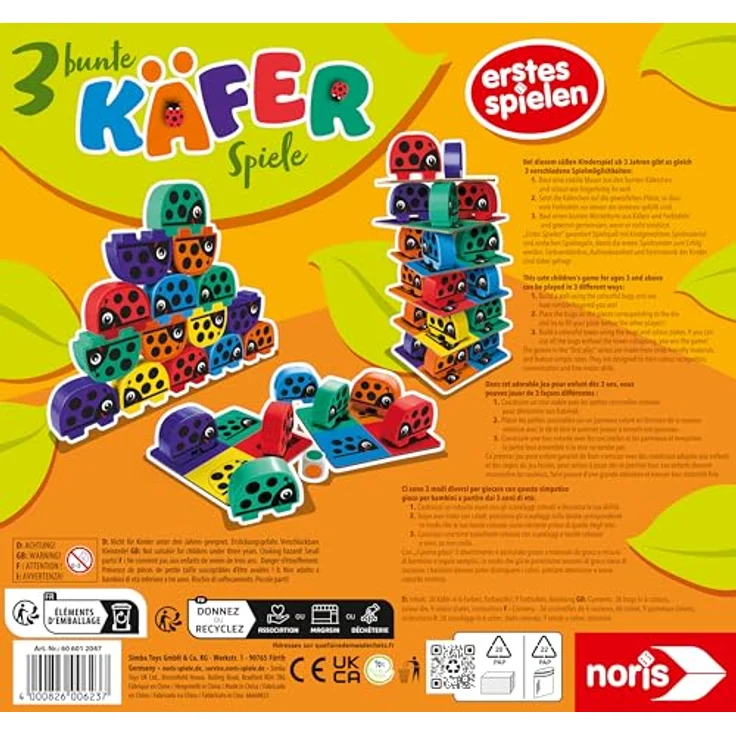 Noris 606012047 - 3 bunte Käfer-Spiele - 36 witzige Käfer Bausteine mit 3 Spiel-Ideen, Spielzeug für Kinder ab 3 Jahre – Bild 2