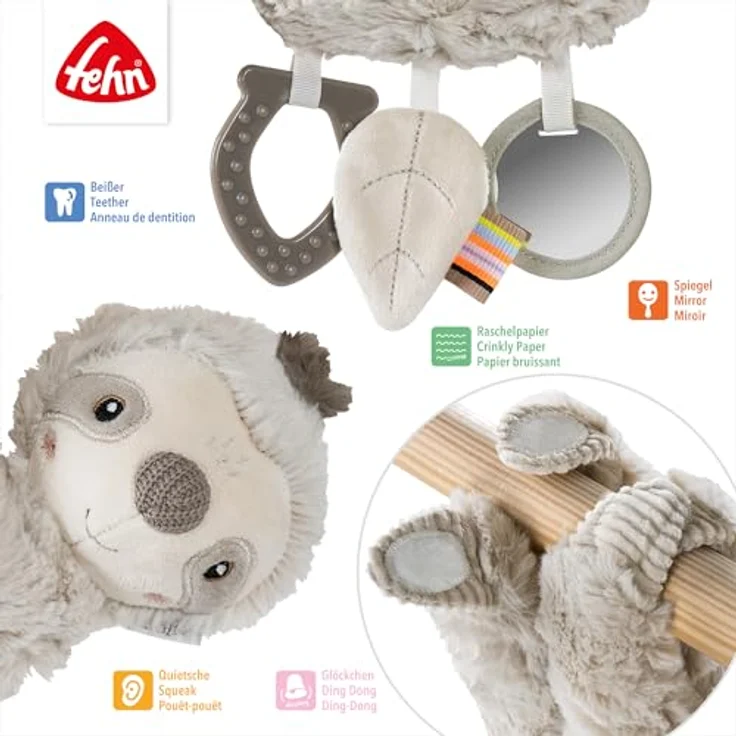 Fehn Greifspielzeug Lazy, Crazy & Pink, Activity-Faultier mit Glöckchen, Quietsche und Spiegel – Bild 3