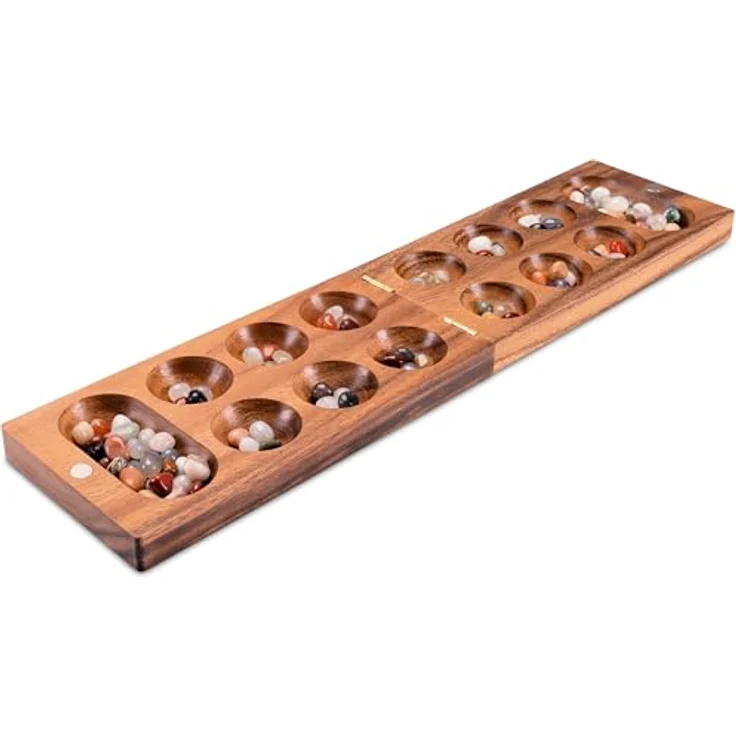 Logoplay Holzspiele Kalaha Spiel mit Magnetverschluss für 2 Spieler, Spielfeld 14 x 49 cm, inklusive 75 Edelsteinen aus Dunklem Samena-Holz – Bild 5