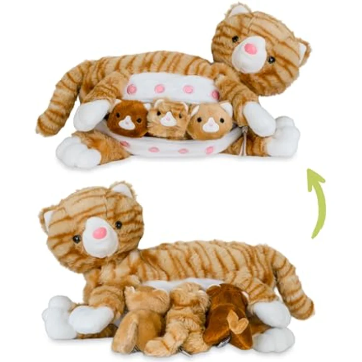 Mamanimals Katze Kuscheltier mit 3 Baby Katzen, Reißverschluss-Bauch, magnetische Zitzen zum Säugen, hochwertiges Plüschtier Set für Kinder, orange getigert – Bild 1