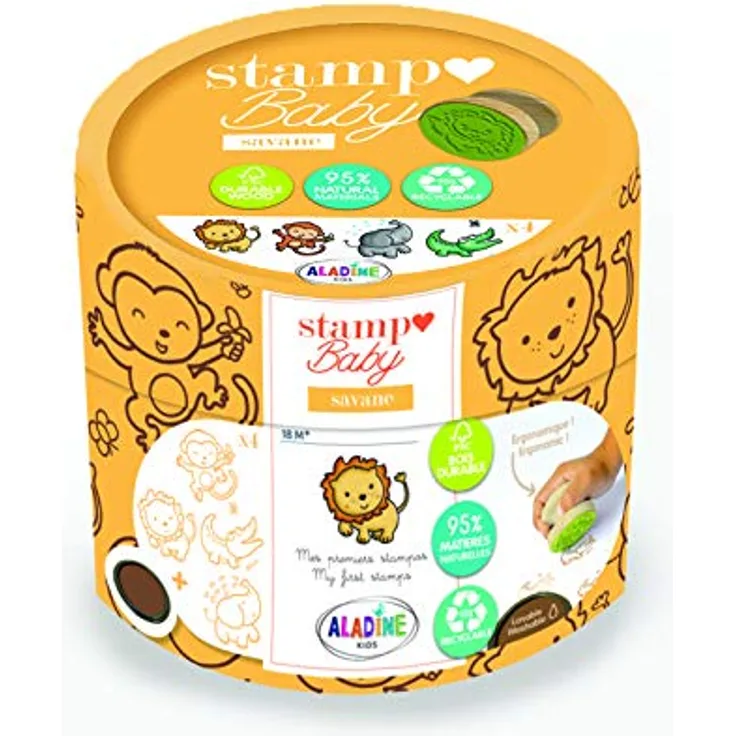 ALADINE 3003151 Stempelset Baby ECO Holzstempel für Kinder ab 18+ Monaten, Savanne, 13.5 x 13.5cm