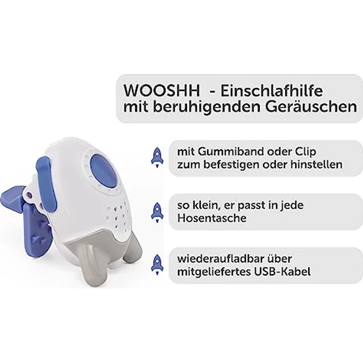 Wooshh by Rockit Rocker - wiederaufladbarer, tragbarer Schlafberuhiger / Einschlafhilfe mit 8 beruhigenden Geräuschen, 4 Lautstärkestufen, Ständer, Clip oder Riemen, extra klein für die Hosentasche – Bild 4