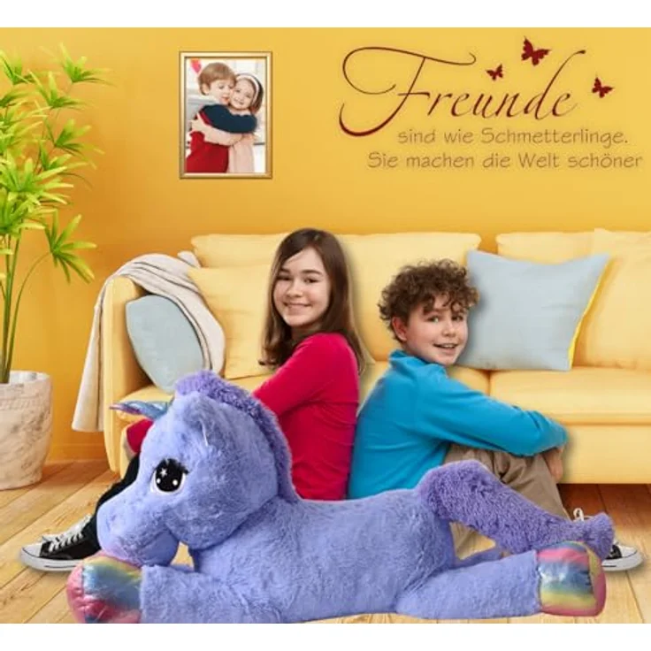 TE-Trend Flauschiges Stoffeinhorn, 110 cm großes Plüsch-Einhorn mit lila Glitzer-Flügeln und rosa Mähne, ideal für Kinder und magische Abenteuer – Bild 4