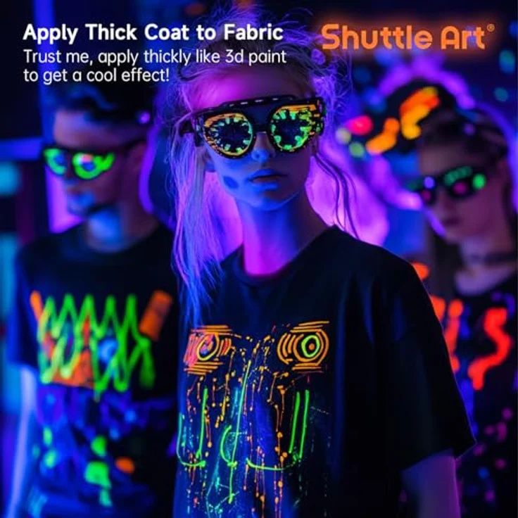 Shuttle Art Fluoreszierende Farbe Set, 12×60ml nachtleuchtende Acrylfarben für Malen und Basteln, Glow in the Dark mit UV-Taschenlampe, ideal für Stein, Holz und Schwarzlicht-Effekte – Bild 2