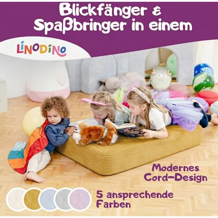 Hüpfpolster Gänseblümchen Gelb mit Federkern, rutschfester Unterseite, Tragegriff und abnehmbarem, waschbarem Cord-Bezug – Bild 3