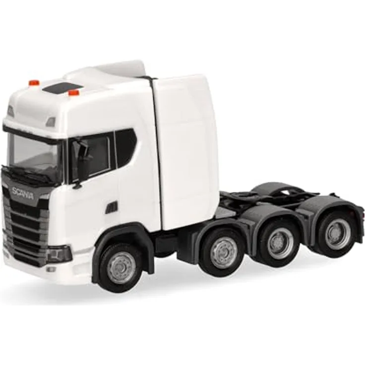 Herpa Scania CS20 Hochdach Schwerlastzugmaschine 4achs (8x4), Zugmaschine mit Ladekran und Heckabstützung, Miniatur im Maßstab 1:87, Sammlerstück, Made in Germany, Kunststoff
