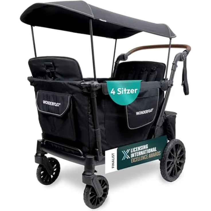 Wonderfold L4 Quad-Kinderwagen, kompakter Bollerwagen für 4 Kinder mit seitlicher Tür, flexiblen Sitzbänken, 360°-Rädern und Klappmechanismus, schwarz – Bild 1