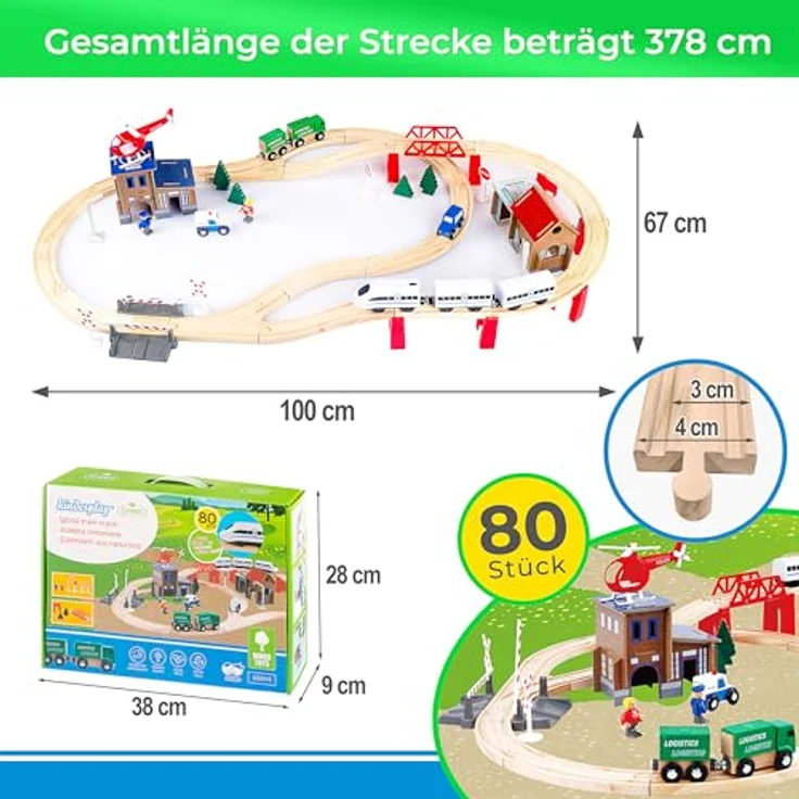 Kinderplay Holzeisenbahn Set für Kinder - Eisenbahn Kinder Elektrisch, Spielzeug Zug, Polizeistation, Autobahn und Bahnset mit Brücke, 80 Teilen, 378 cm lang, Modell (GS0010) – Bild 5