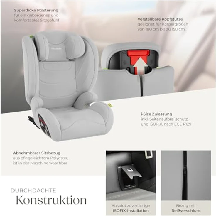 tectake Levi Autokindersitz, i-Size zugelassen für Gruppe I/II/III (9-36 kg), stufenlos höhenverstellbare Kopfstütze, pflegeleichter Bezug – Bild 3