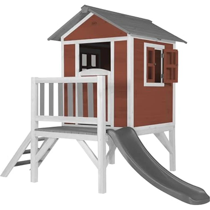 AXI Spielhaus Beach Lodge XL, Rot mit Rutsche in Grau, Stelzenhaus aus FSC Hemlock-Holz für Kinder, kompakter Spielturm für den Garten – Bild 1
