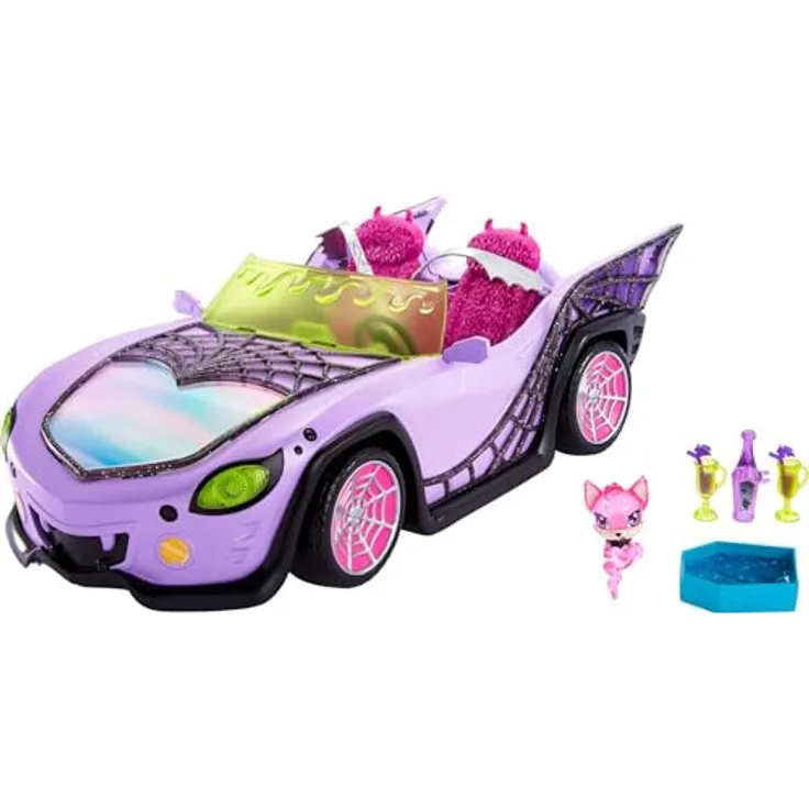 MONSTER HIGH Ghoul Mobile - Lilafarbenes Cabrio mit schillernden Spinnennetzen, plüschigem Innenraum und Eiskühler in Sargform, Platz für 4 Monster High-Puppen, Puppen nicht enthalten, HHK63