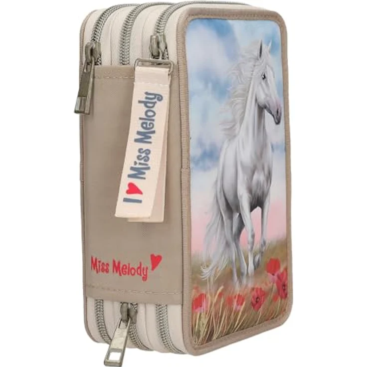 Depesche 13341 Miss Melody 3 Fach Federtasche Poppy Sand - Beige mit Pferdemotiv und Mohnblumen-Wiese, inkl. 18 Bunt- und Filzstiften, Zubehör und Anhänger – Bild 2