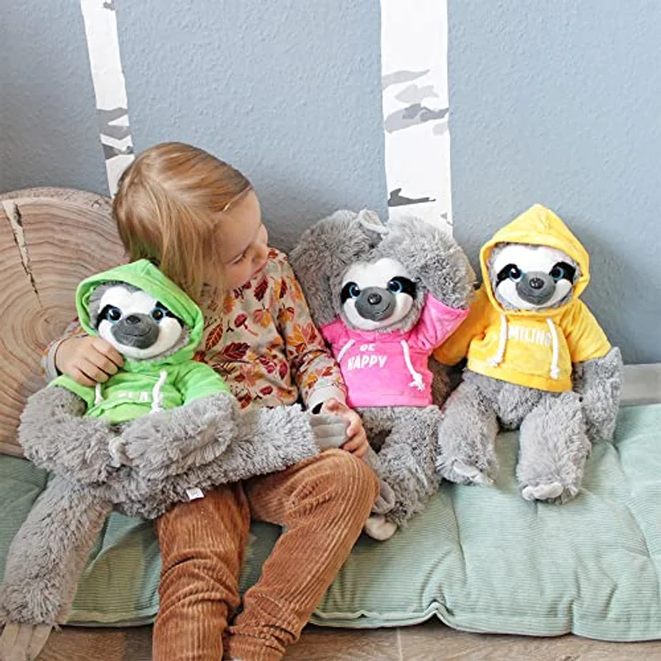BEMIRO Faultier Kuscheltier rosa mit Pullover Be Happy - ca. 50 cm, Faultier Kuscheltier mit Pulli, Kletthände zum anhängen, Plüschtier Faultier mit Hoodie – Bild 4