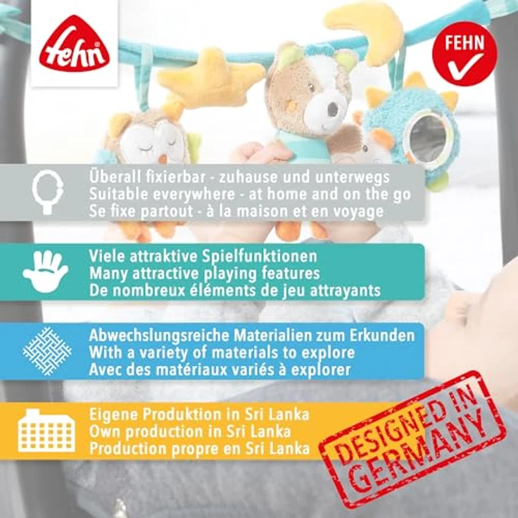 Fehn Kinderwagenkette Flamingo, Spielkette mit Rasselgeräuschen und Greifring, pink – Bild 6