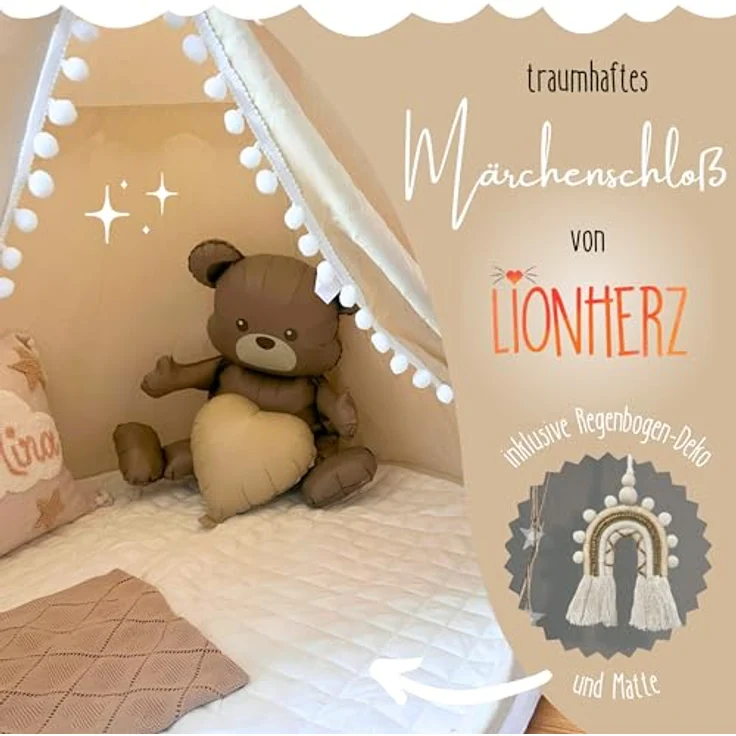 LIONHERZ® Spielzelt Märchenschloss, atmungsaktives Baumwoll-Hanf-Gewebe, cremeweiß mit Fiberglasstangen, Tasche, Matte und Deko für Kinder – Bild 4