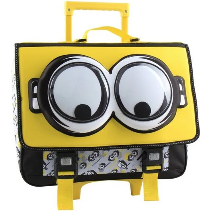 Minions 41 CM Schulranzen auf Rädern, Schultasche mit 3D-Augen, zentralem Fach und reflektierenden Streifen