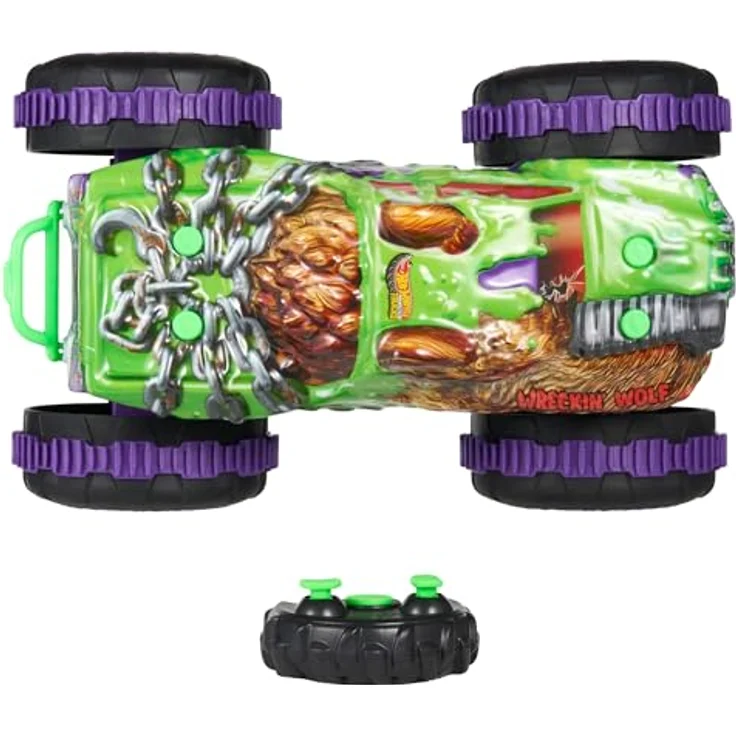 Hot Wheels Monster Trucks Wreckin‘ Wolf, ferngesteuertes Spielzeug im Maßstab 1:15 mit Offroad-Reifen und stuntfähigen Hinterrädern, für Kinder ab 4 Jahren – Bild 2