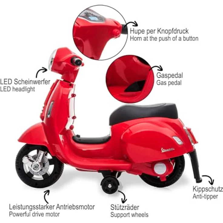 JAMARA Ride-on Vespa Mini rot, Elektrofahrzeug für Kinder mit 8,4V Lithium-Ionen Akku und LED Scheinwerfer – Bild 4