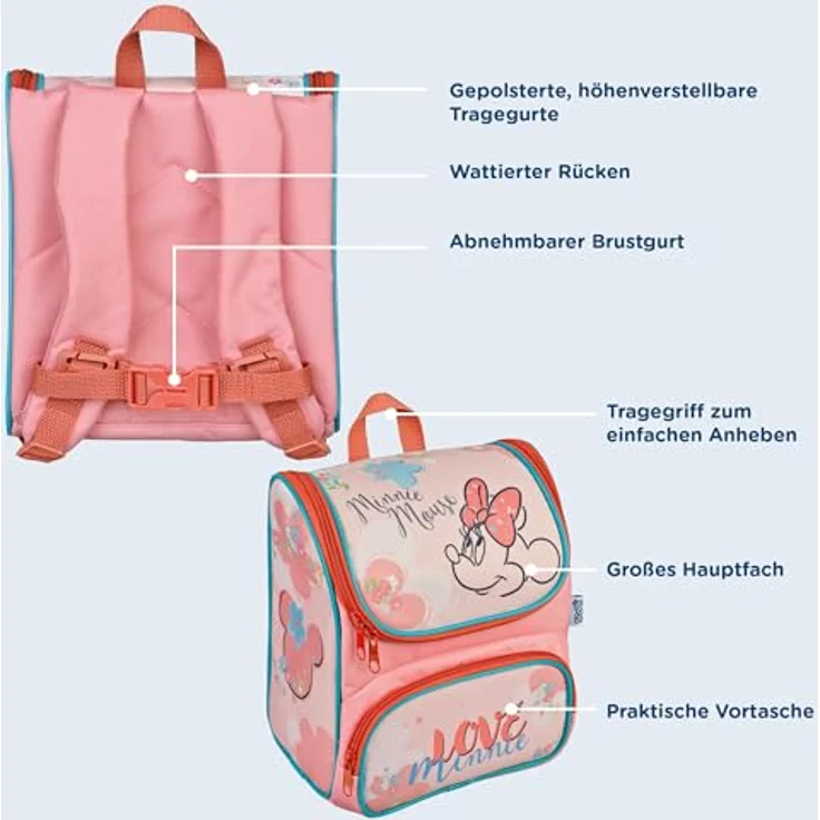 Scooli Vorschulranzen Cutie, Minnie Mouse, 6,5 l Volumen, leicht wattiertes Rückenbett, gepolsterte Tragegurte, abnehmbarer Brustgurt – Bild 4