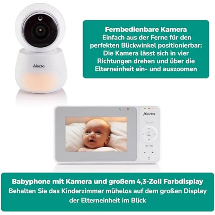 Alecto DVM2043 - Babyphone mit Kamera, großem 4,3" Farbdisplay und Nachtlicht - Ferngesteuert - Weiß – Bild 2