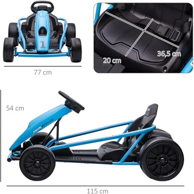 HOMCOM Kinder Elektro Gokart 24 V Drift Kart mit Langsamem Start, Musik, Hupe und Sicherheitsgurt, Kinderfahrzeug für 8-12 Jahre Kinder, Blau – Bild 8