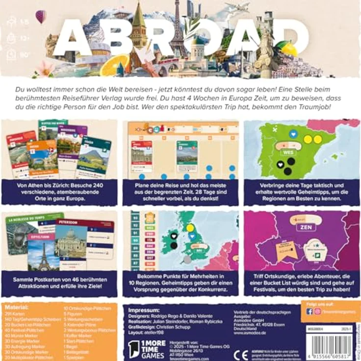 Asmodée Abroad, strategisches Reisespiel über Europa mit 28 Reisezielen und interaktivem Karten-Tableau-Builder – Bild 4