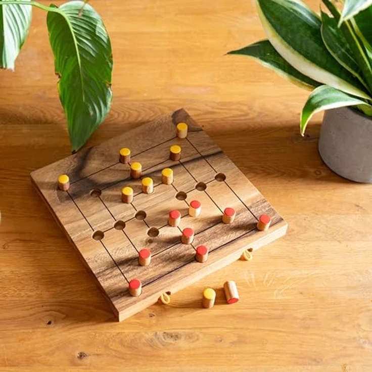 LOGOPLAY Spiel Mühle Gr. XL klappbar, Gesellschaftsspiel für 2 Spieler, mit farbigen Steckern und stabilem Holzkasten, gelb/rot – Bild 5