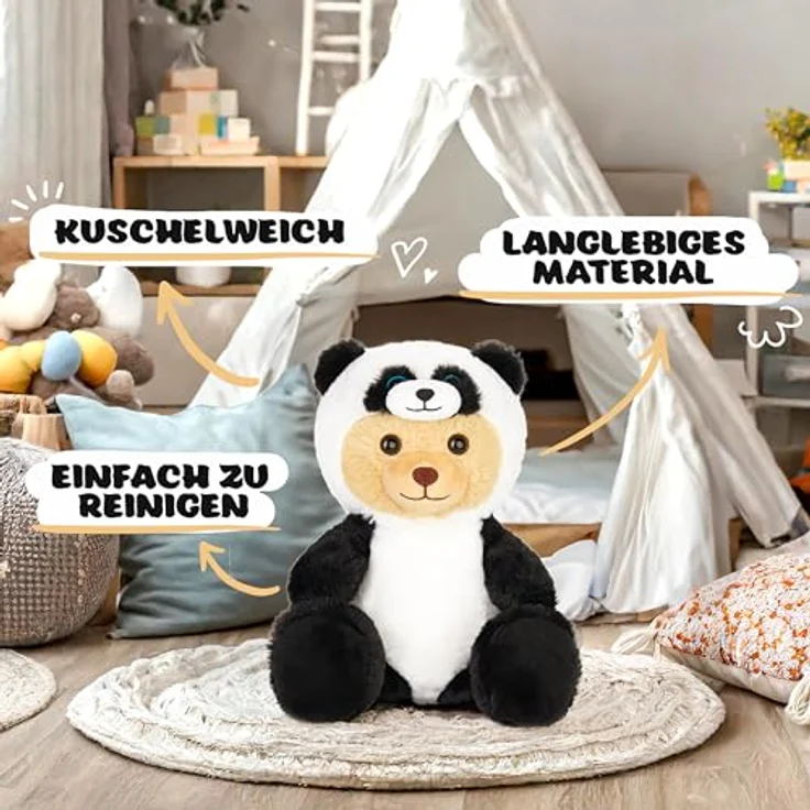 BRUBIES Teddy Panda 25 cm, Plüsch-Teddybär im Pandakostüm mit abnehmbarer Kapuze, kuscheliges Geschenk für Kinder – Bild 5