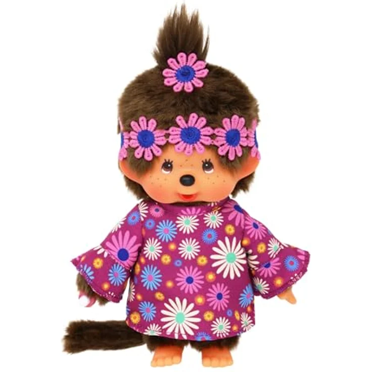 Monchhichi Plüschfigur Hippie Mädchen im Kleid 20 cm Puppe mit einem Zöpfchen, braunes Fell – Bild 2
