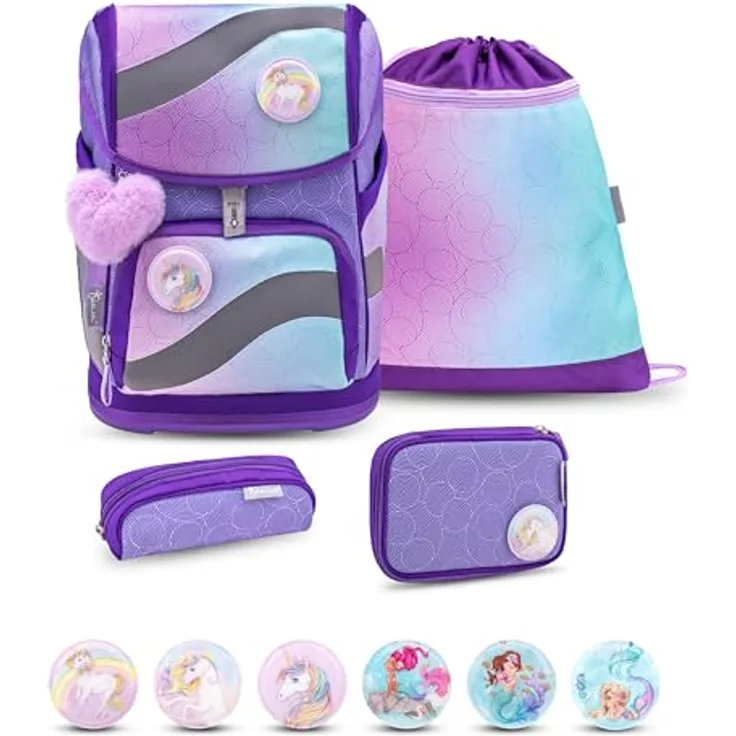 Belmil Smarty Schulranzen Set 5-teilig, ergonomische Schultasche mit 6 Patches, wasserabweisendes Polyester, für Kinder 6-10 Jahre, 20 L Volumen