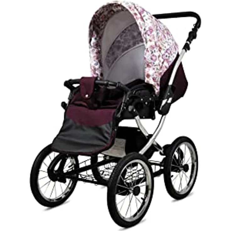 Babylux BabyLux ALU 2in1 Kinderwagen für Kleinkinder – Maroon Flowers Silver Frame, 59x105x125cm, Max. 15kg, verstellbare Kufe und Rückenlehne, Fünf-Punkt-Sicherheitsgurte, inkl. Zubehör – Bild 3