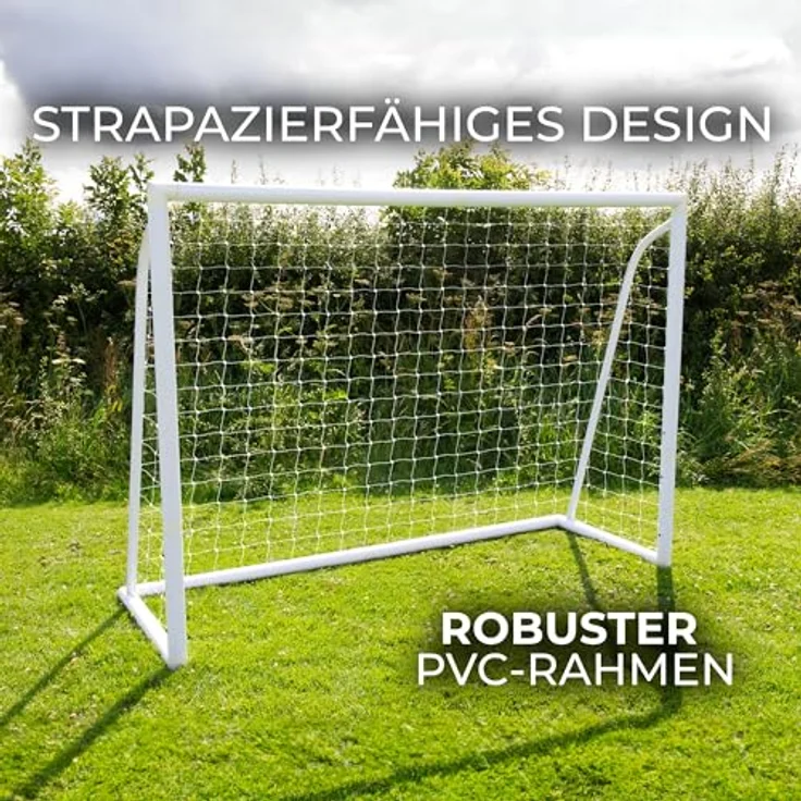 Monster Shop Fußballtor Goal Allwetter PVC Geknotetes Netz 2,4 x 1,8m Leicht zu tragen & aufzubauen Wasserfest mit Klicksystem & 5 Schusslöchern Torwand Trailer & Tasche, Blau – Bild 2