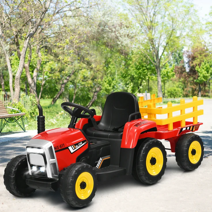 COSTWAY 12V Traktor mit 3 Gängen und abnehmbarem Anhänger, Aufsitztraktor für Kinder ab 3 Jahren, rot, mit LED-Lichtern, Musik, Bluetooth & USB Funktionen