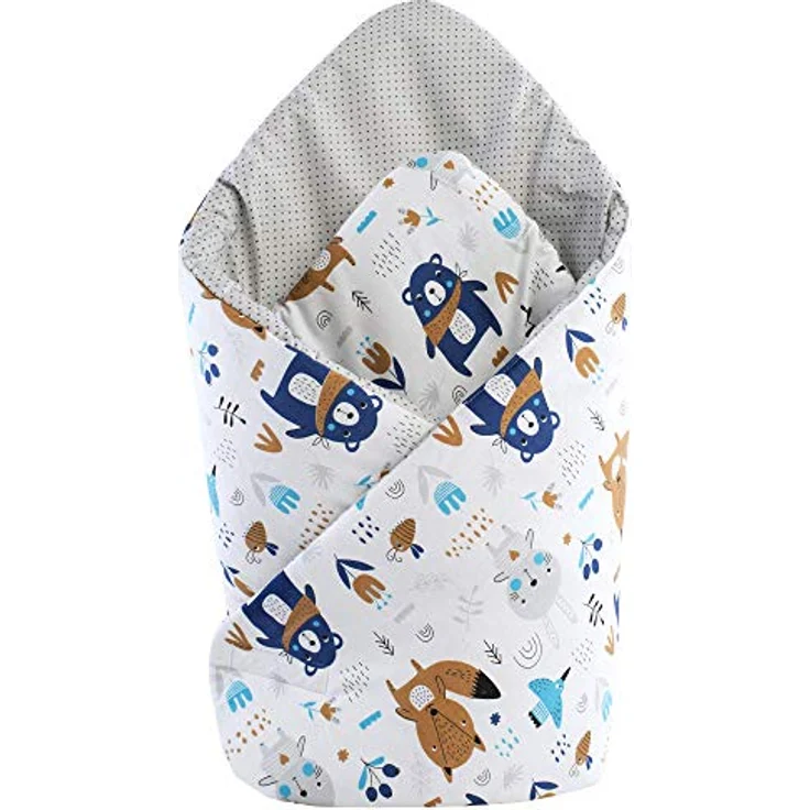 Steckkissen 100% Baumwolle 75x75cm Einschlagdecke Babyhörnchen doppelseitig weich ganzjährig multifunktional antiallergisch Babys Medi Partners (Tiere im Wald mit Grau Punkten) – Bild 2