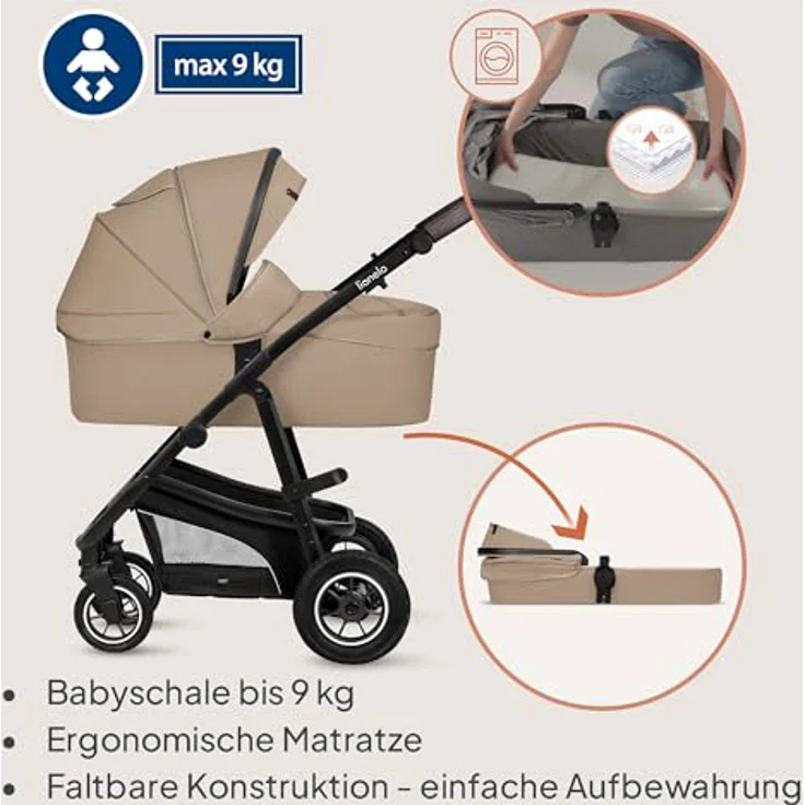 Lionelo Bianka 3-in-1 Kinderwagen, Beige Sand mit ADAC-zertifiziertem Kindersitz und doppelter Stoßdämpfung – Bild 3