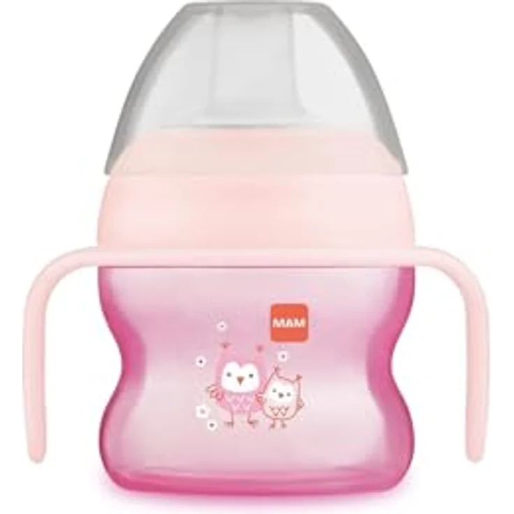 MAM Starter Cup Baby Trinklernbecher (150 ml), Trinkbecher für erste Trinkversuche, Schnabelbecher mit rutschsicheren Griffen, ab 4 Monaten, Eule – Bild 2
