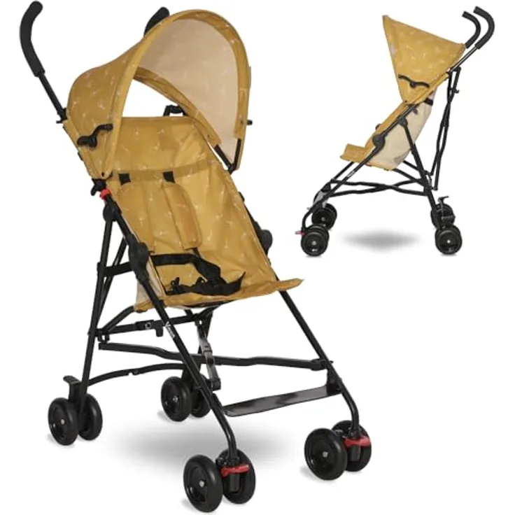 Lorelli Ultra Leichter Buggy Kinderwagen Vaya - Gelb, nur 4,7kg, Kompakter Sportsitz bis 15kg, 5-Punkt-Gurt, faltbares Verdeck, ergonomische Griffe
